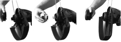 Shows how to dismantle the line housing of a trimmer with inner threads.